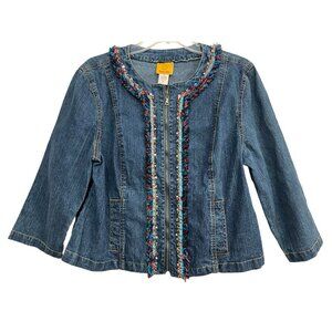 Vtg‎ Boho Denim Jacket Sz 14 Blue Jean Full Zip Embellished Fringe Beads Hippie